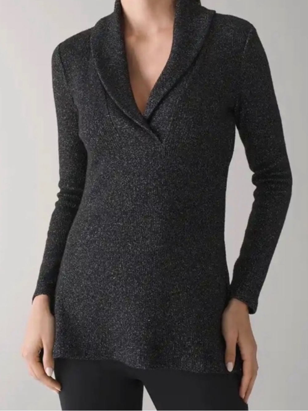 White House Black Market Metallic Charcoal Shawl Collar Sweater